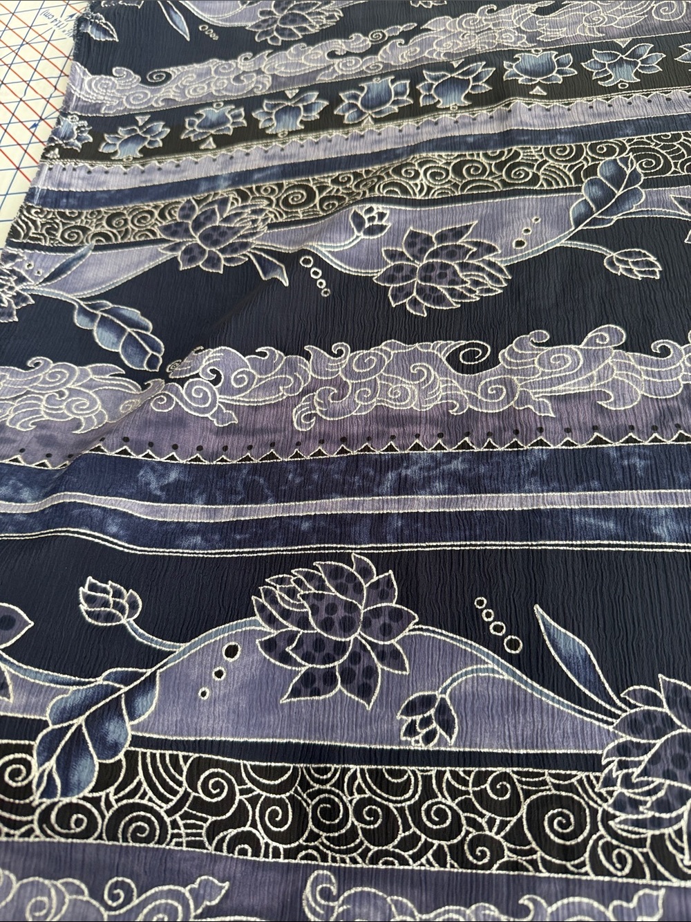 Vintage 1980s Crinkle Crepe Fabric Asian Floral Stripe Black Blue 3 1/3 Yds - Picture 11 of 13
